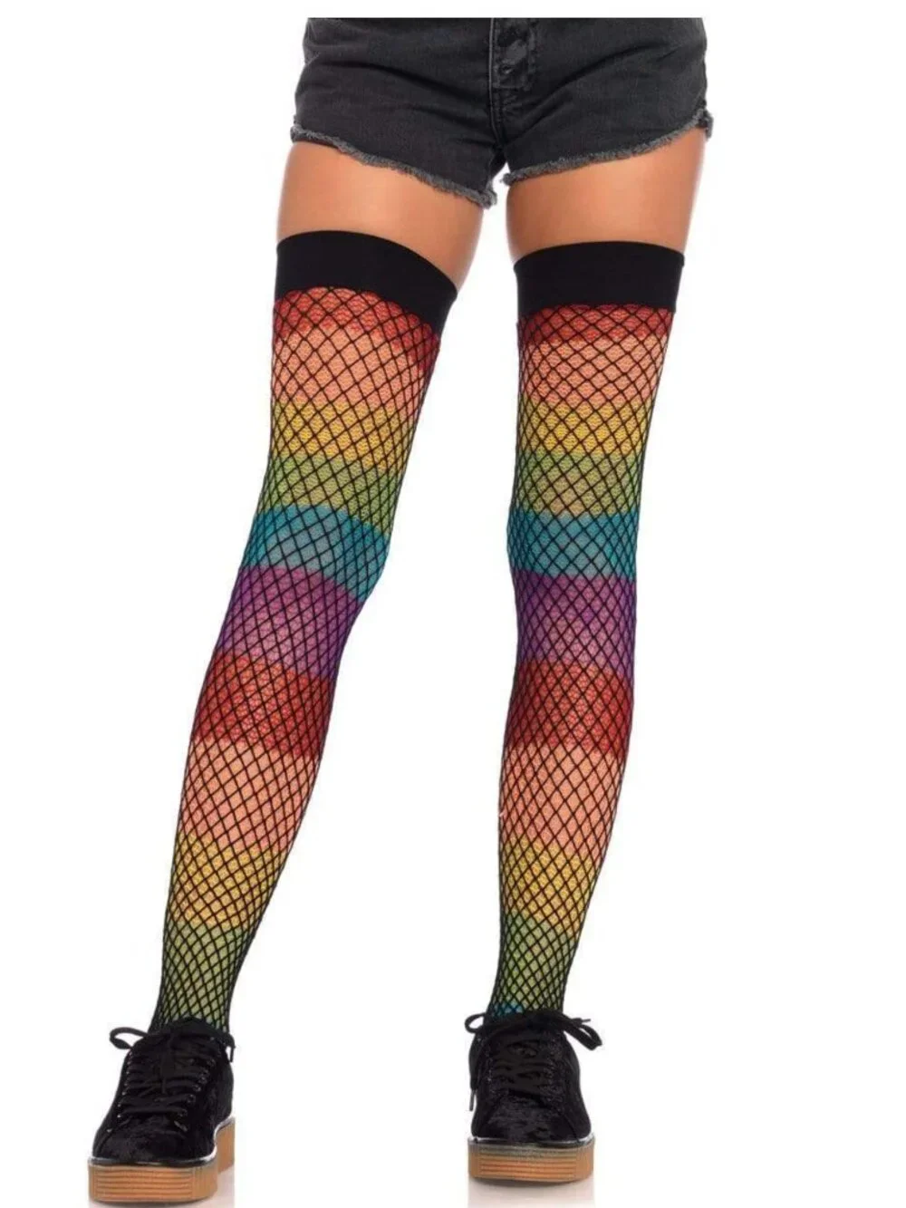 Angelina Double Layer Rainbow Fishnet Thigh High Stockings Tights | One Size